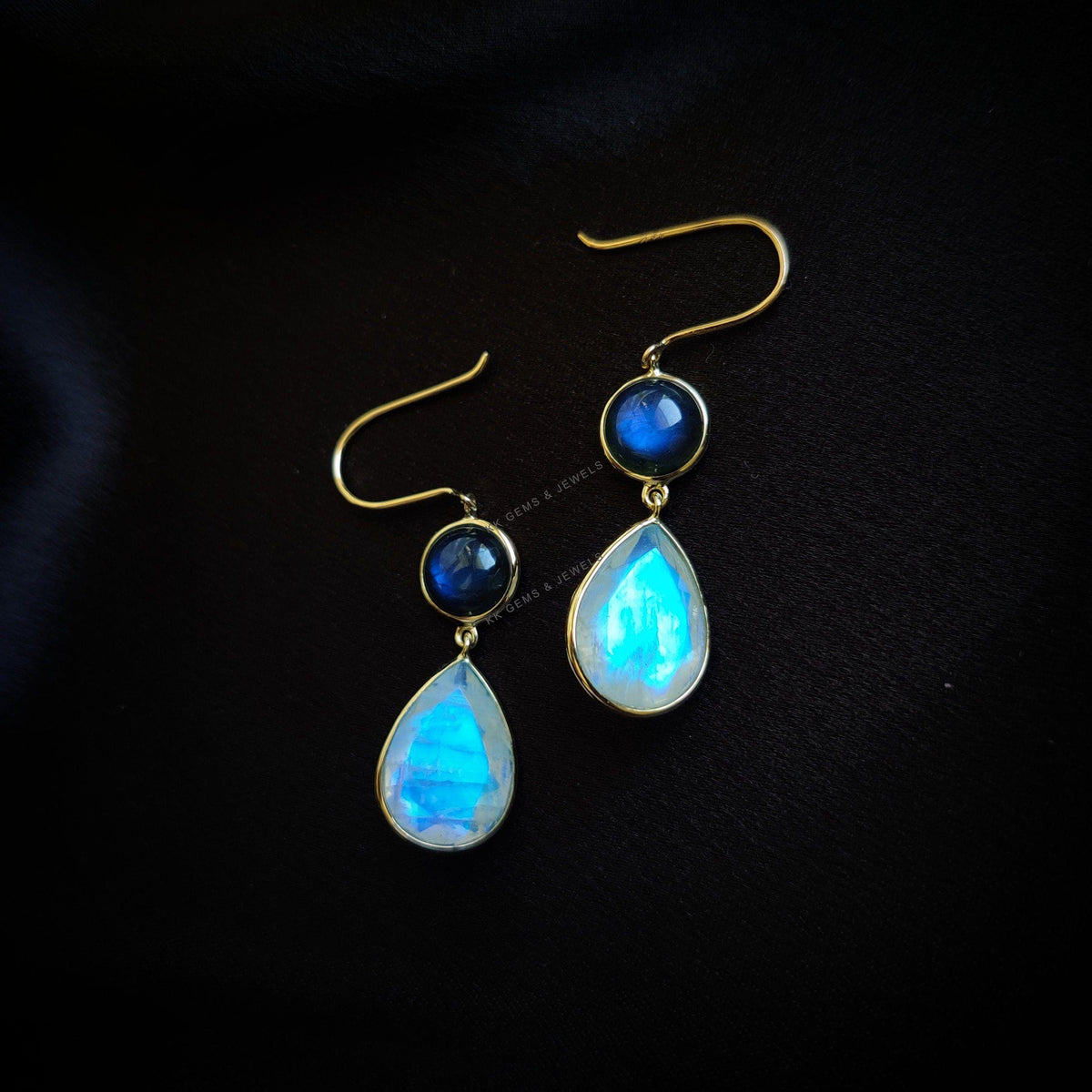 14K Solid Gold Natural Labradorite & Rainbow Moonstone Dangle Earrings, November Birthstone