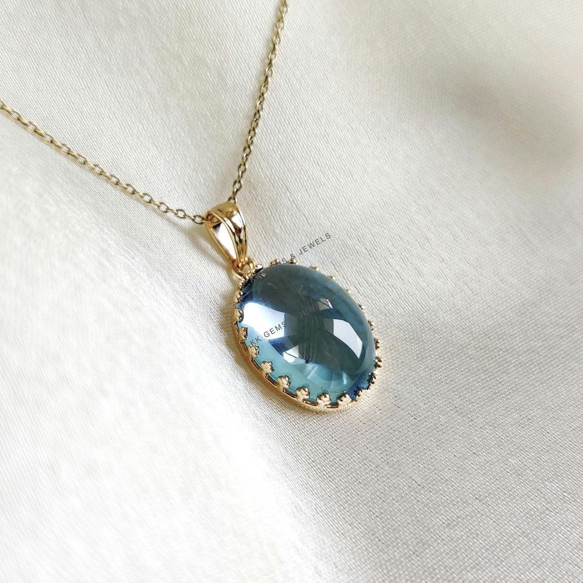 Natural Sky Blue Topaz Pendant: 14K Solid Yellow Gold Crown Bezel, December Birthstone