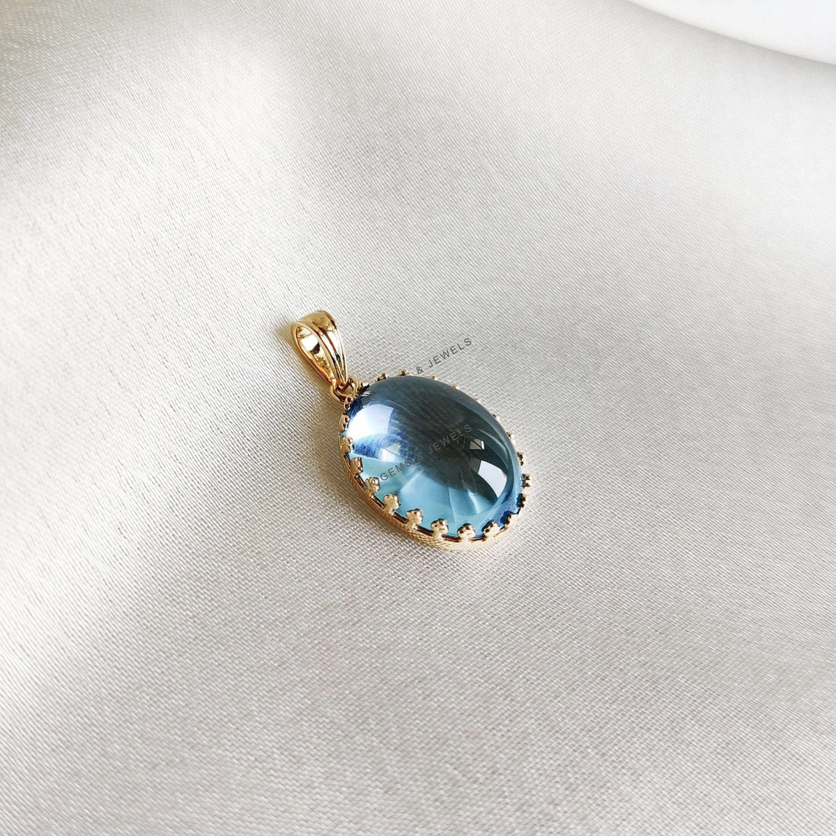 Natural Sky Blue Topaz Pendant: 14K Solid Yellow Gold Crown Bezel, December Birthstone