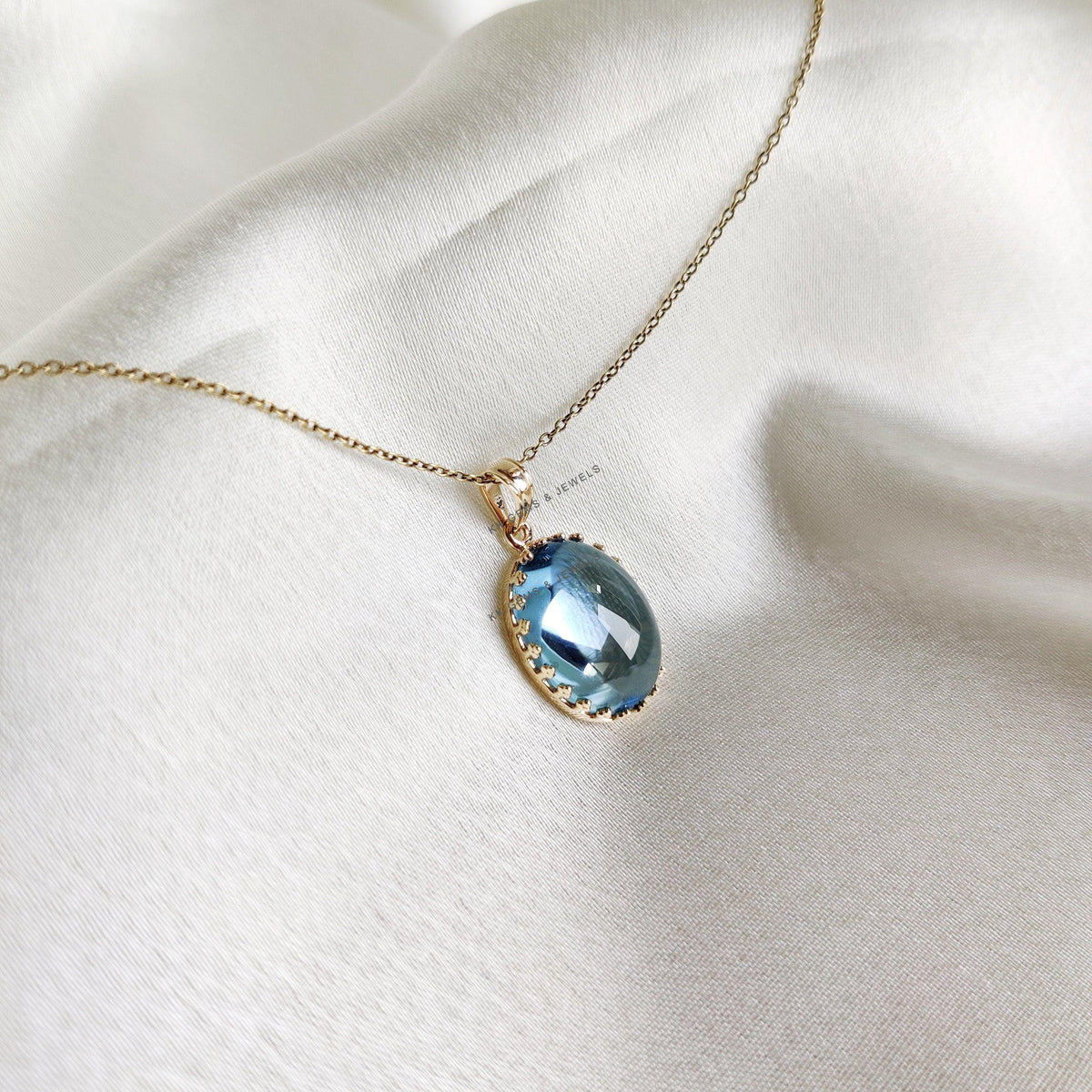 Natural Sky Blue Topaz Pendant: 14K Solid Yellow Gold Crown Bezel, December Birthstone
