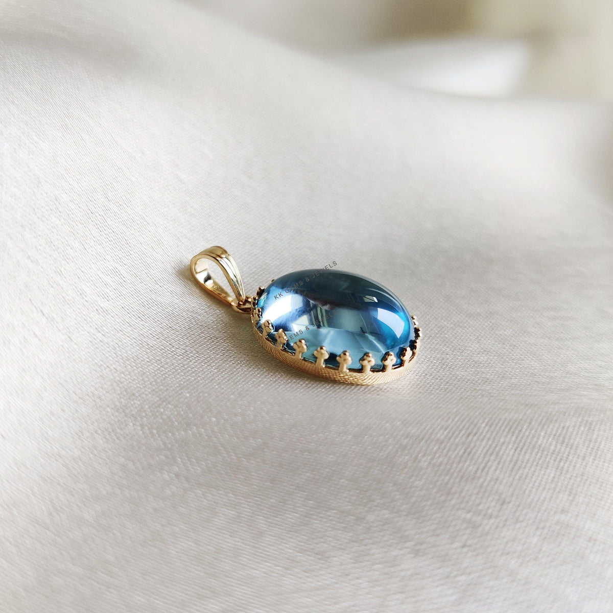 Natural Sky Blue Topaz Pendant: 14K Solid Yellow Gold Crown Bezel, December Birthstone