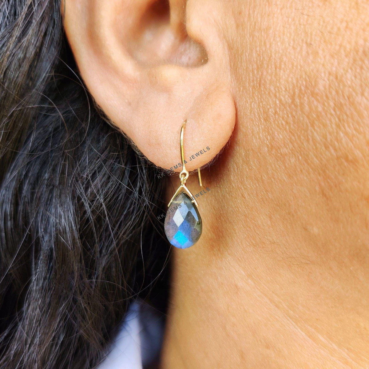 14K Solid Yellow Gold Natural Labradorite Earrings, Pear Drop Gemstone, August Birthstone