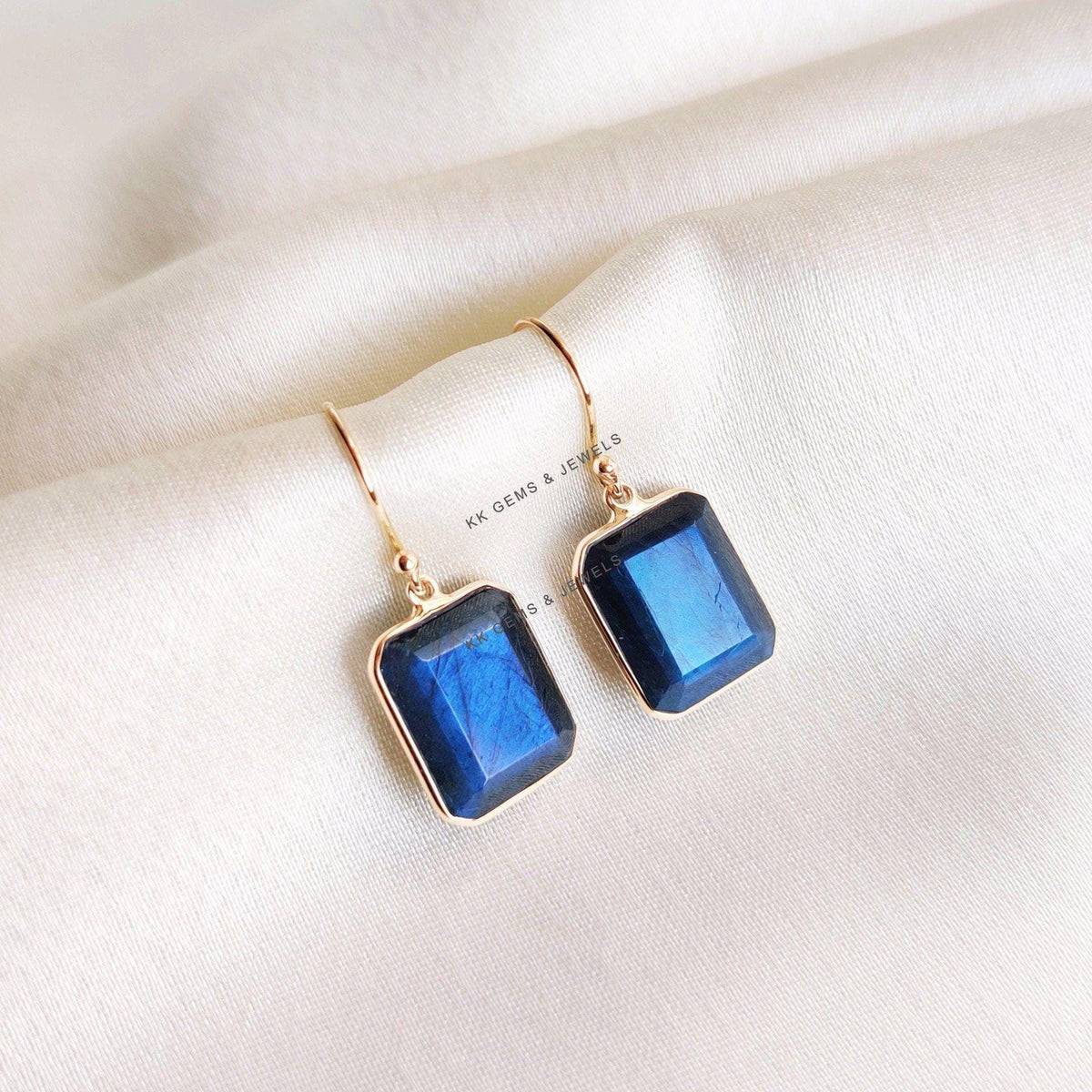 14K Solid Gold Natural Labradorite Earrings: Octagon Cut, August Birthstone