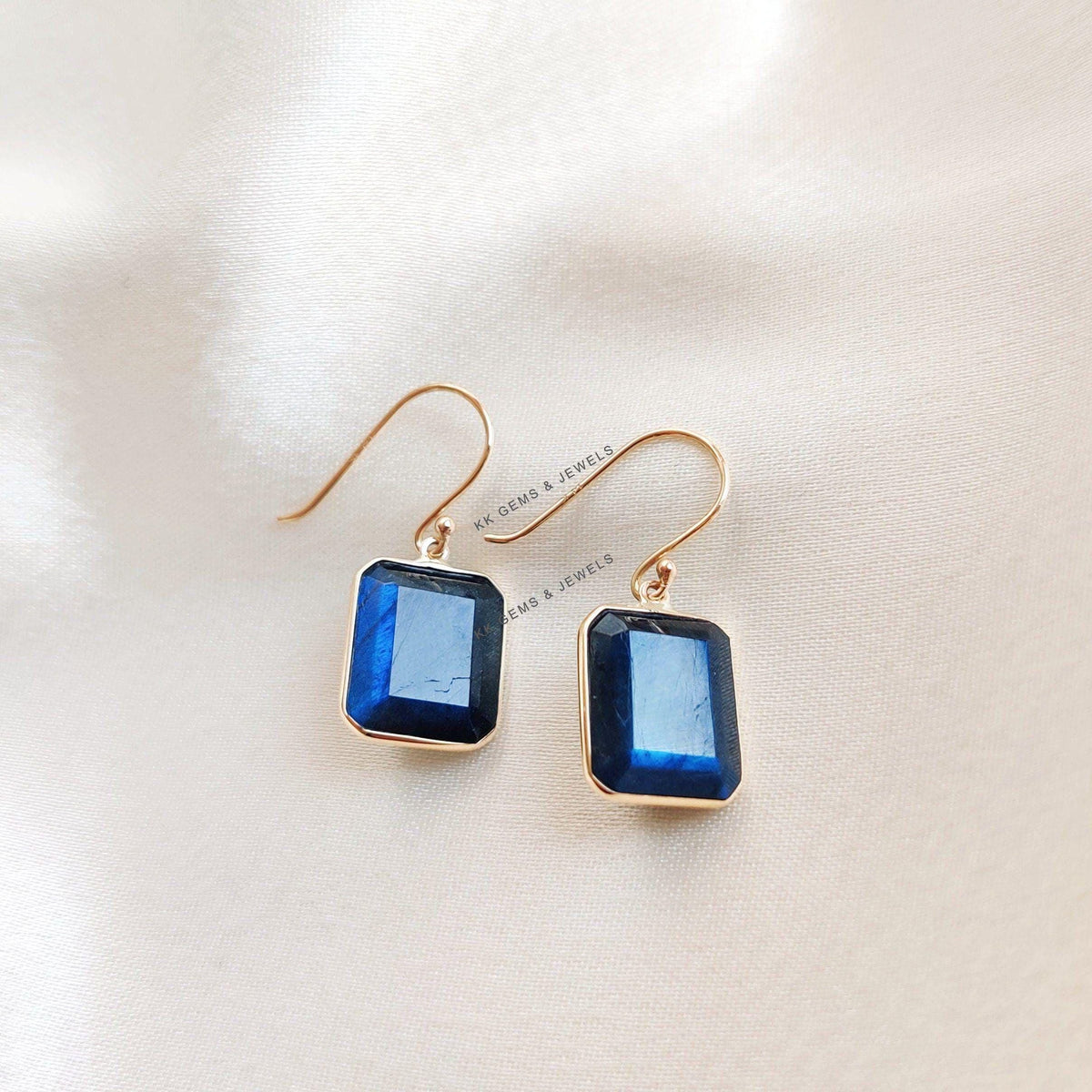 14K Solid Gold Natural Labradorite Earrings: Octagon Cut, August Birthstone