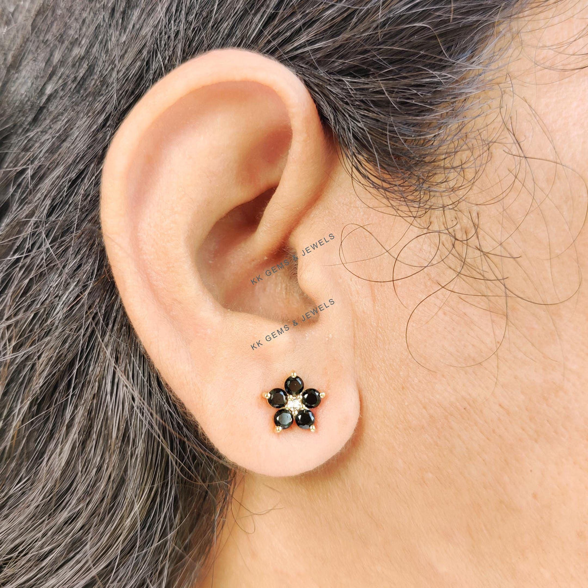 Natural Black Spinel & White Topaz Flower Studs, 14K Solid Yellow Gold Earrings