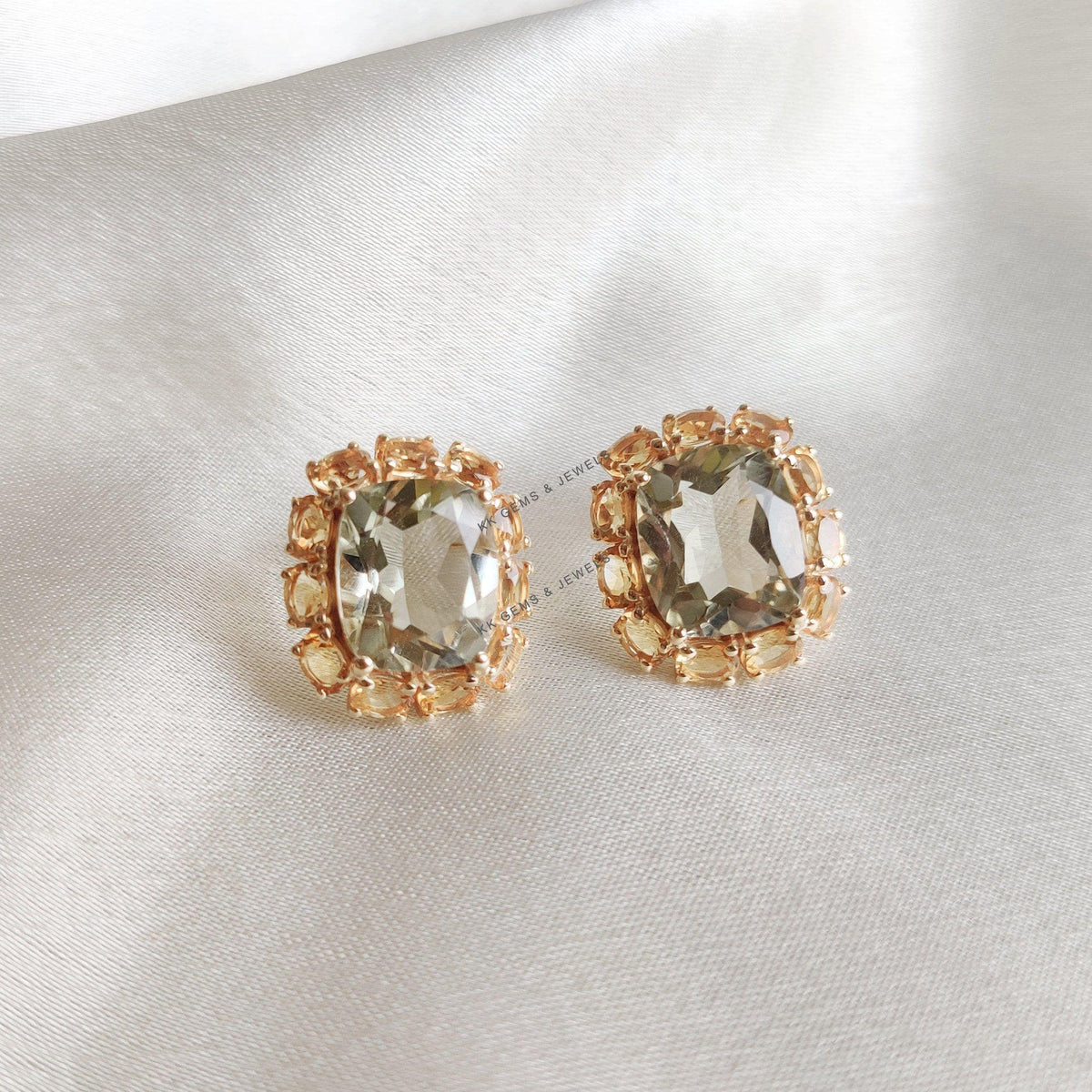 Natural Green Amethyst Citrine Earrings, 14K Solid Yellow Gold Studs