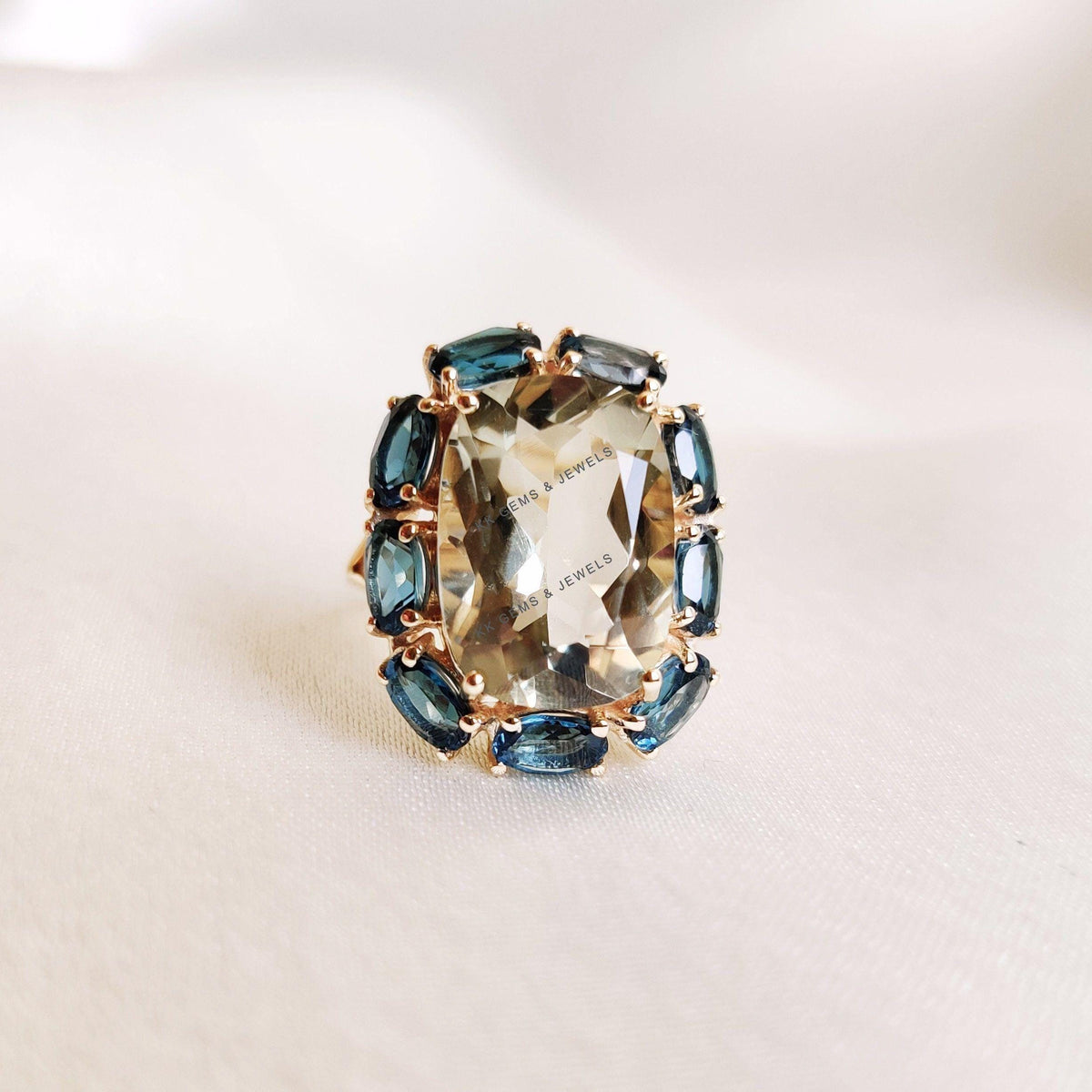 Natural Green Amethyst London Blue Topaz Statement Ring, 14K Solid Yellow Gold Ring