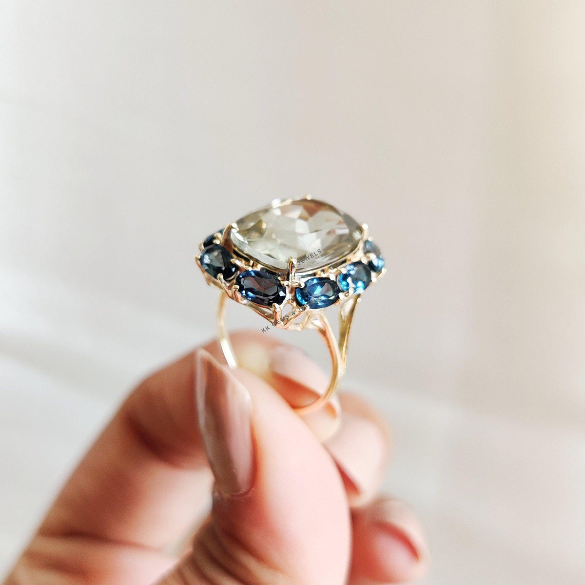 Natural Green Amethyst London Blue Topaz Statement Ring, 14K Solid Yellow Gold Ring