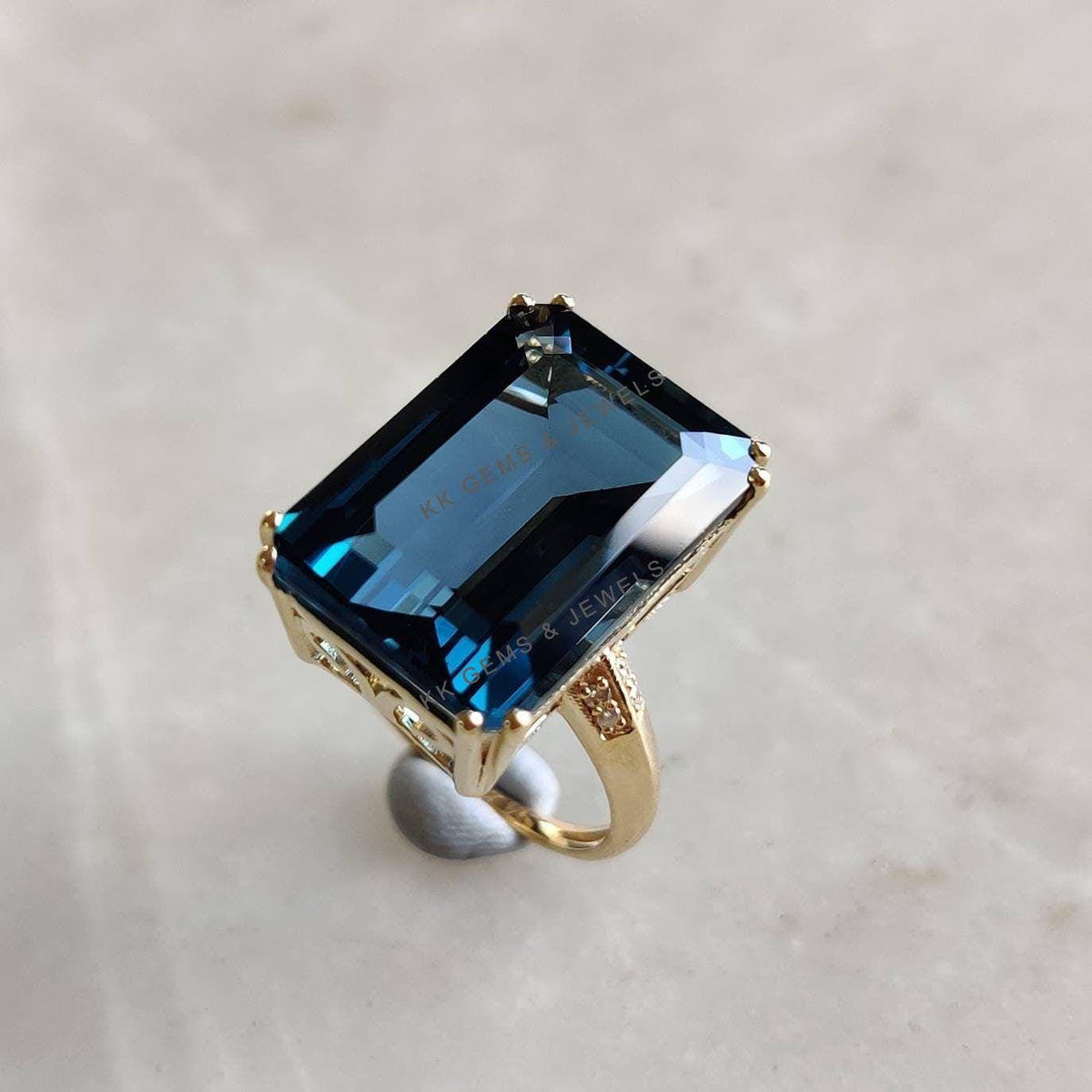 Natural London Blue Topaz & Diamond Ring, 14K Solid Yellow Gold, December Birthstone