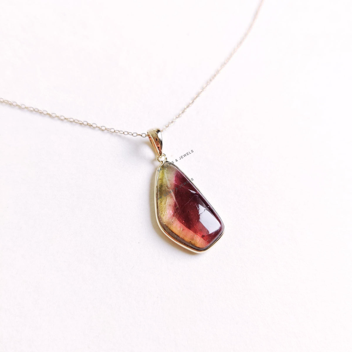 Natural Watermelon Tourmaline 14K Solid Yellow Gold Bezel Pendant, October Birthstone