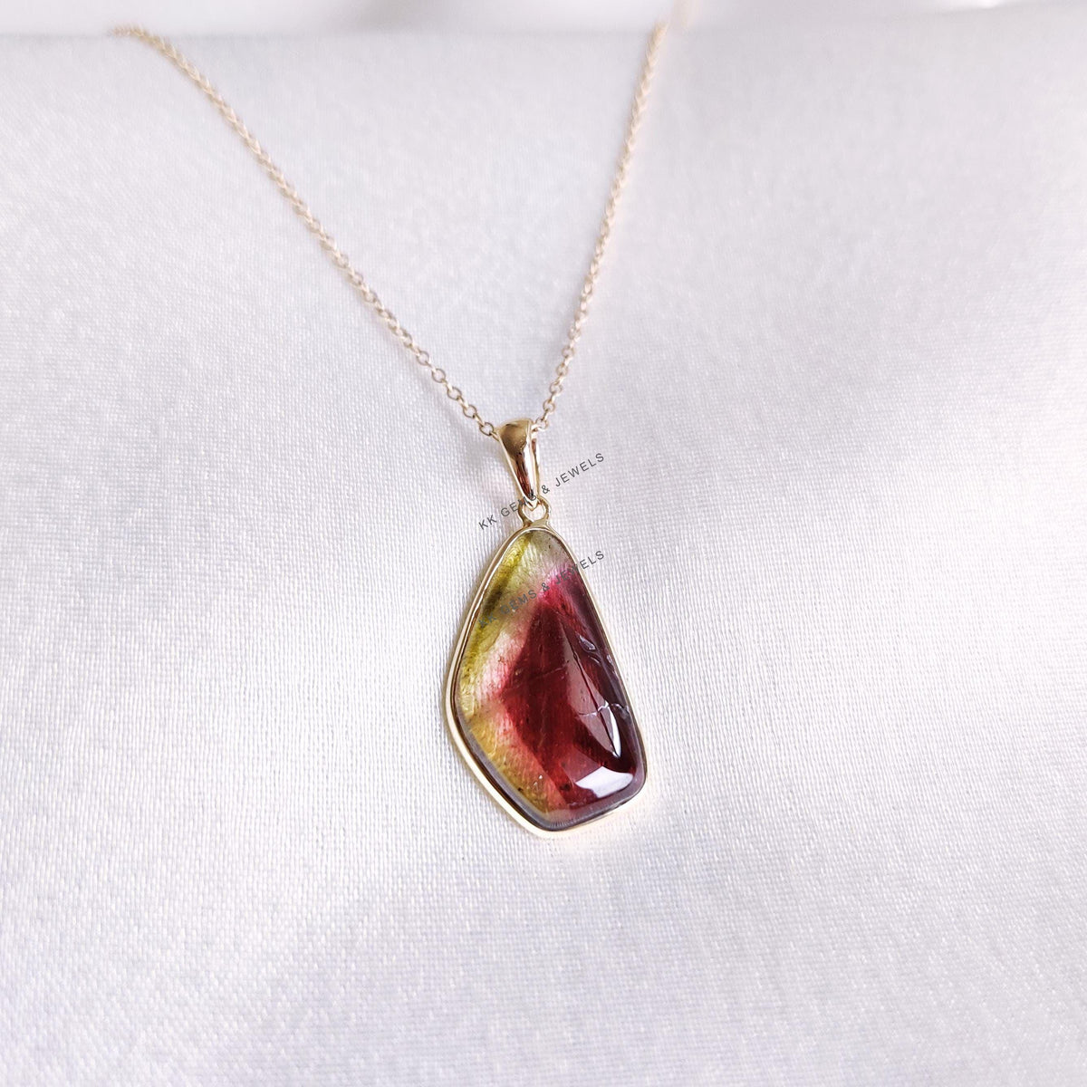 Natural Watermelon Tourmaline 14K Solid Yellow Gold Bezel Pendant, October Birthstone
