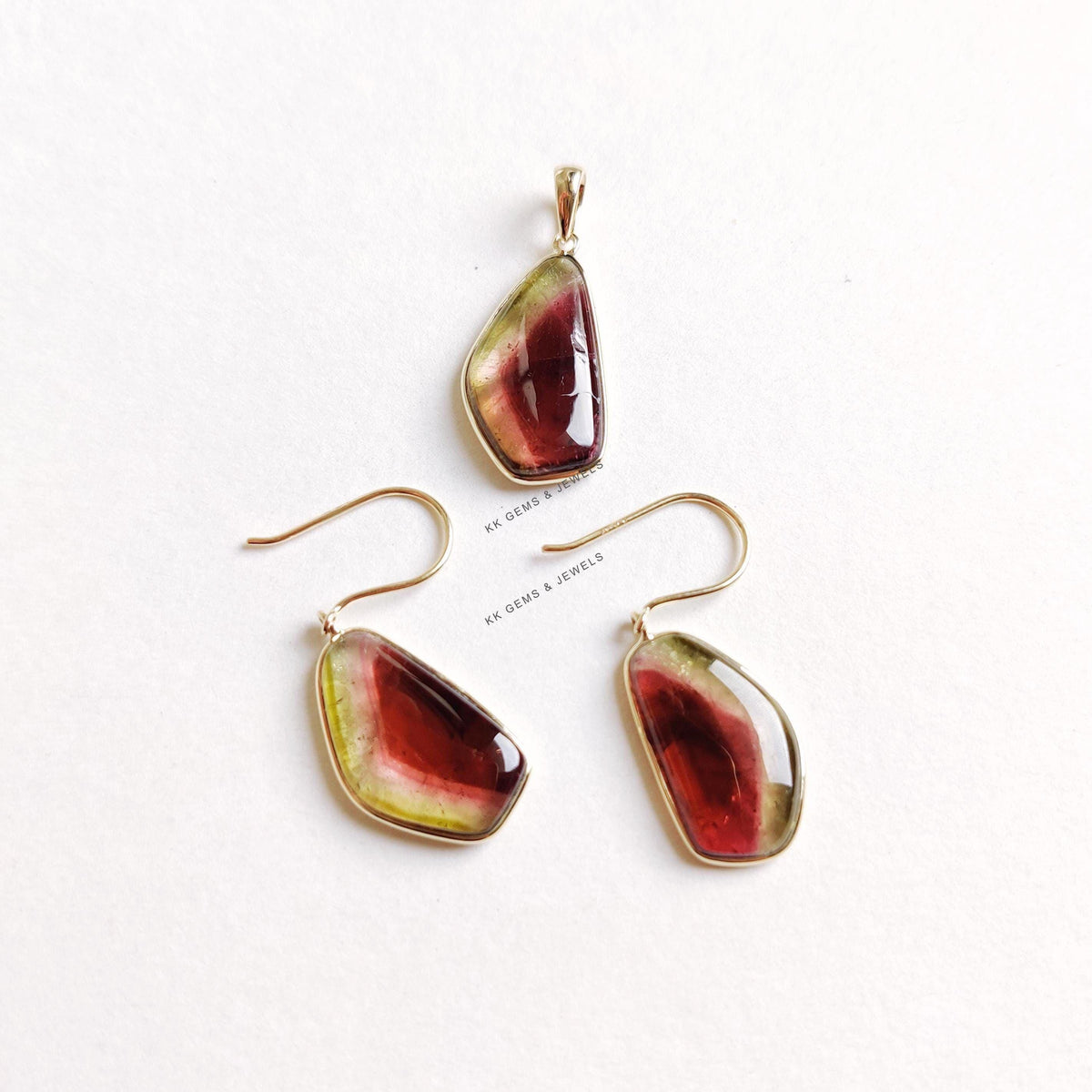 Natural Watermelon Tourmaline 14K Solid Yellow Gold Bezel Pendant, October Birthstone
