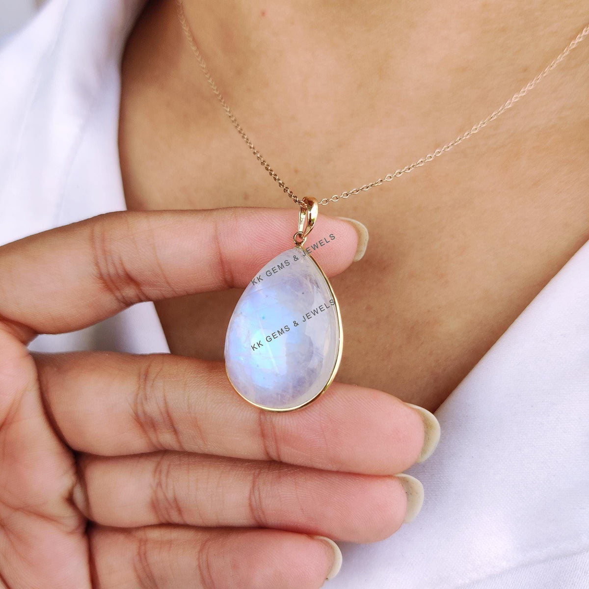 Natural Rainbow Moonstone 14K Solid Yellow Gold Pendant: Pear Cabochon, June Birthstone
