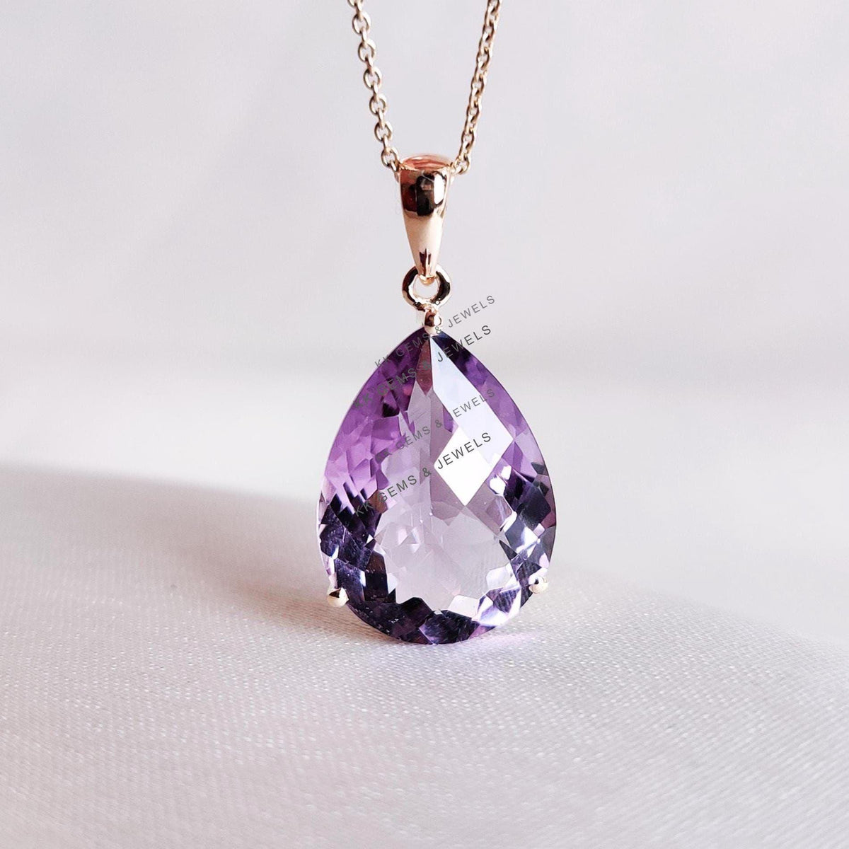 14K Solid Gold Natural Purple Amethyst Pendant: Pear Cut February Birthstone
