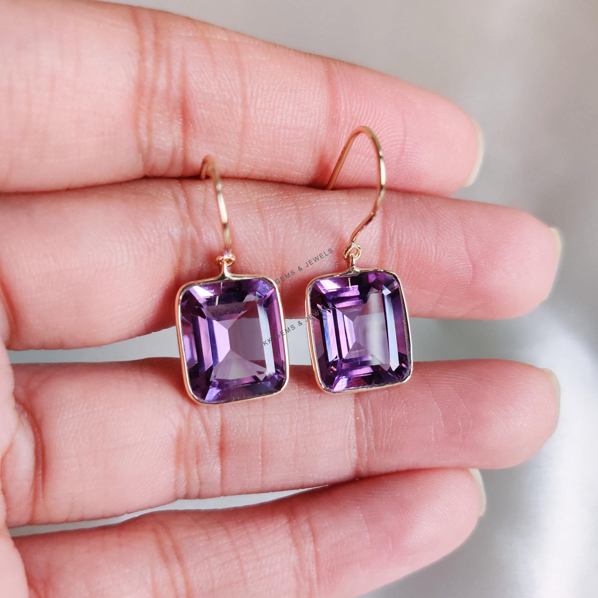 14K Solid Yellow Gold Natural Purple Amethyst Bezel Earrings, February Birthstone