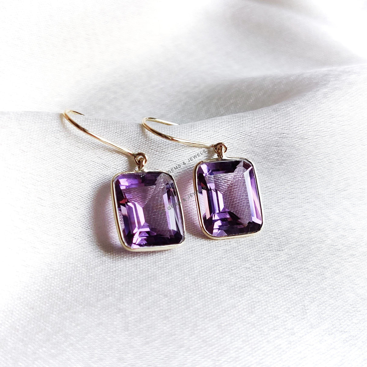 14K Solid Yellow Gold Natural Purple Amethyst Bezel Earrings, February Birthstone