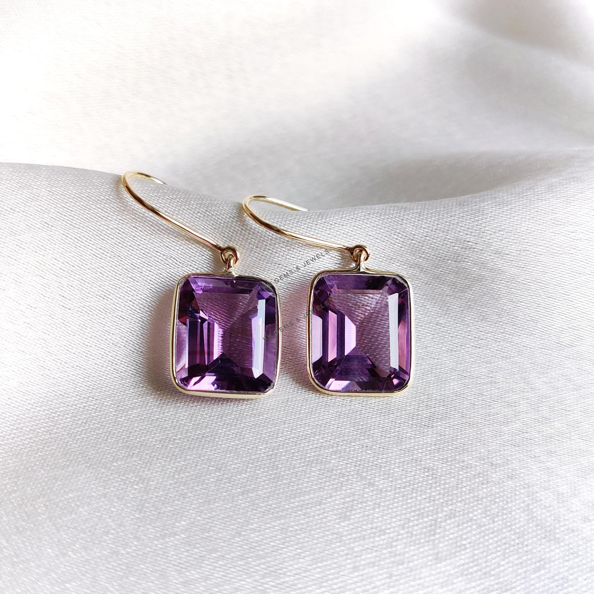 14K Solid Yellow Gold Natural Purple Amethyst Bezel Earrings, February Birthstone