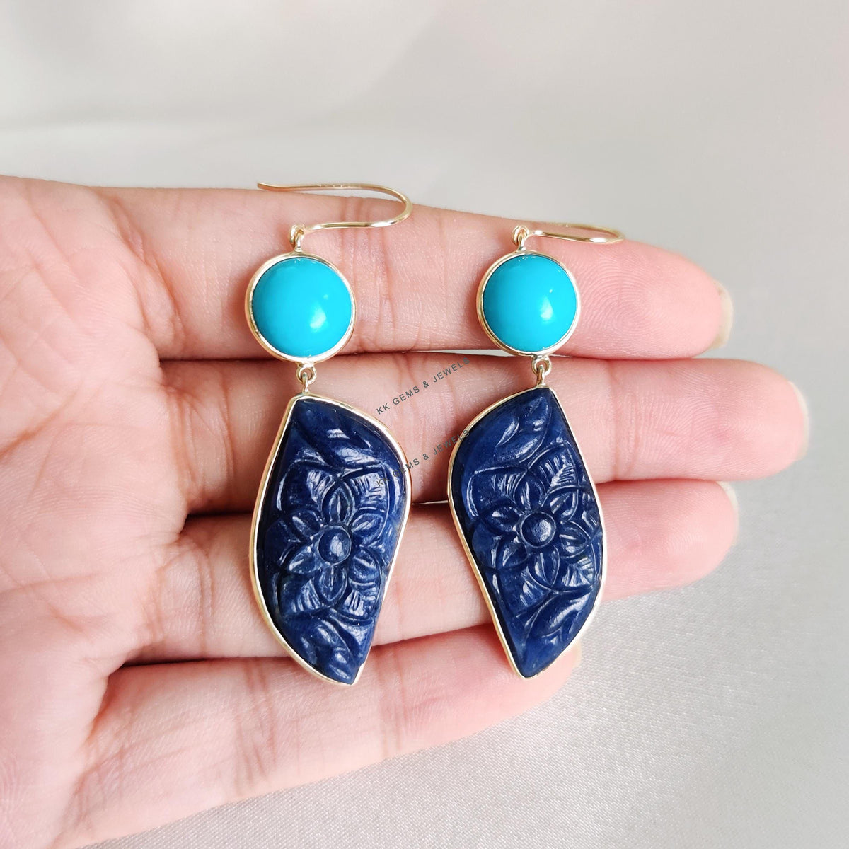 14K Solid Yellow Gold Natural Turquoise & Carving Blue Sapphire Drill Earrings