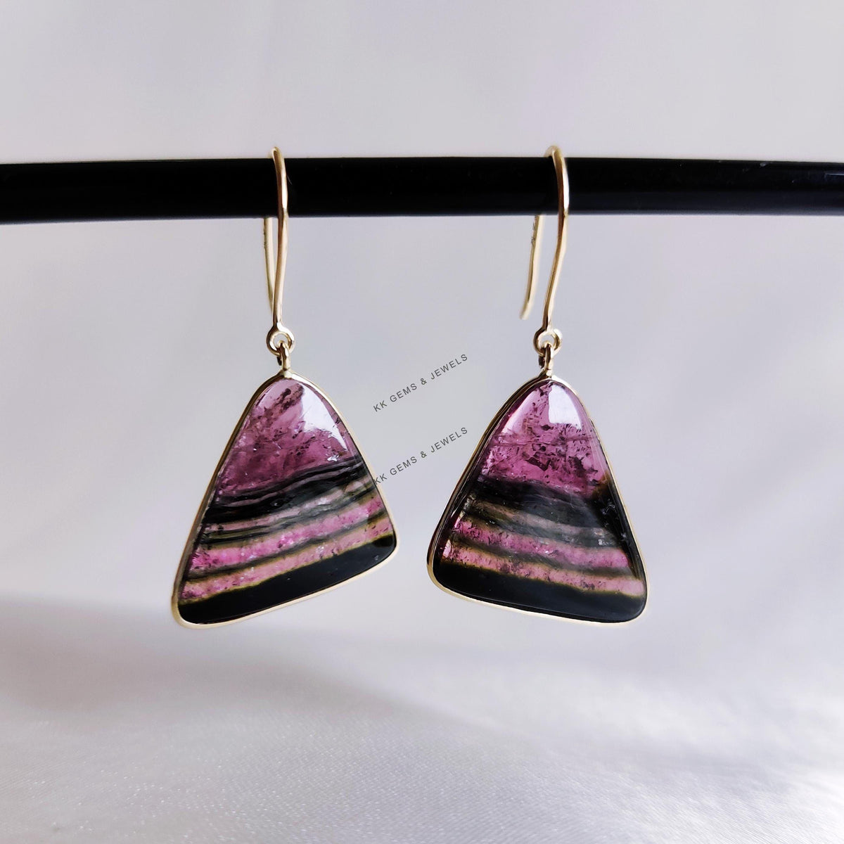 Natural Rubellite Tourmaline Trillion Earrings, 14K Solid Yellow Gold Bezel, October Birthstone
