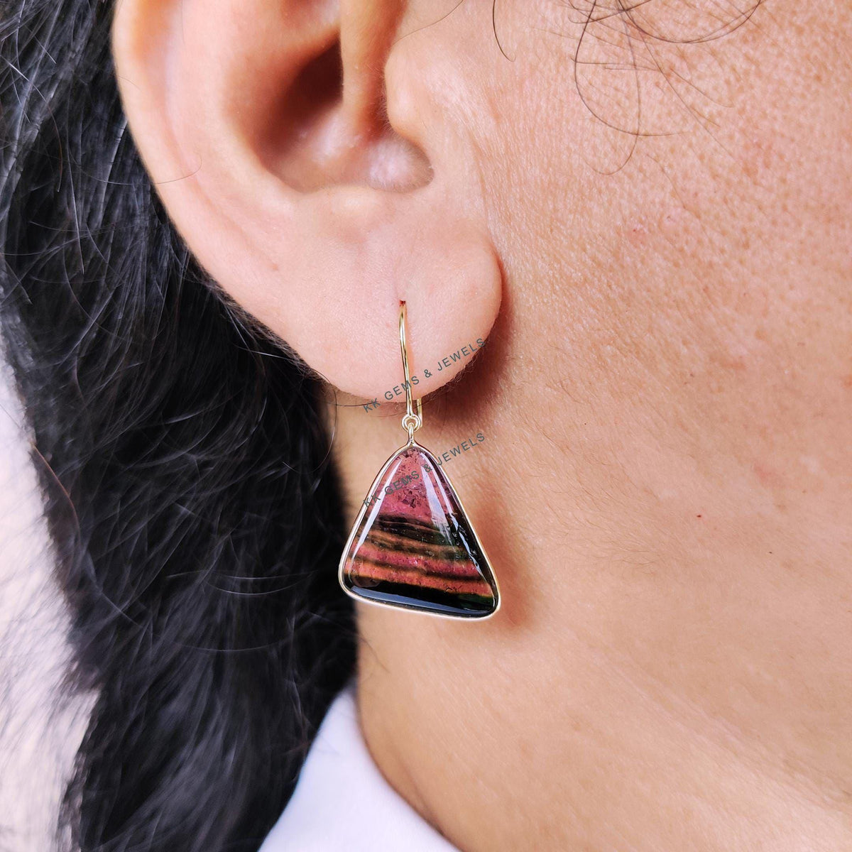 Natural Rubellite Tourmaline Trillion Earrings, 14K Solid Yellow Gold Bezel, October Birthstone