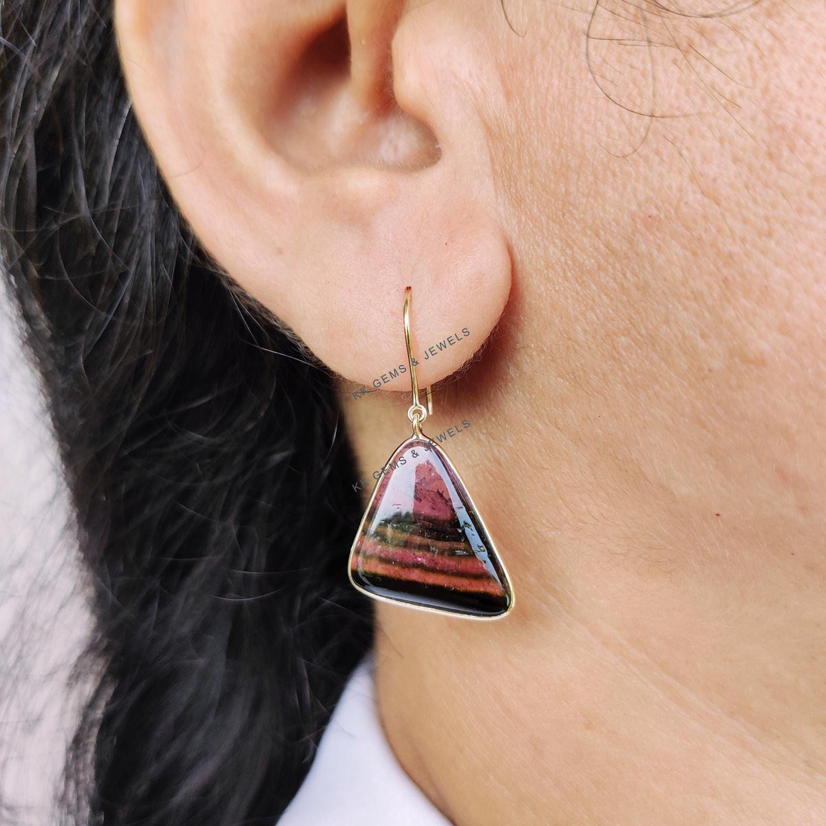 Natural Rubellite Tourmaline Trillion Earrings, 14K Solid Yellow Gold Bezel, October Birthstone