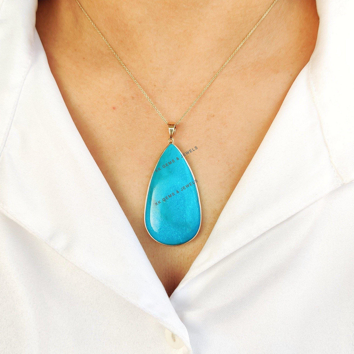 Natural Arizona Sleeping Beauty Turquoise Pendant, 14K Solid Yellow Gold Pendant