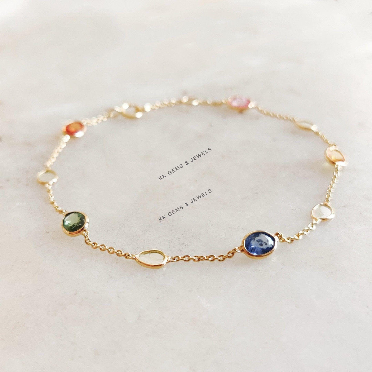 14K Solid Gold Natural Multi Sapphire & Diamond Polki Bracelet - September Birthstone