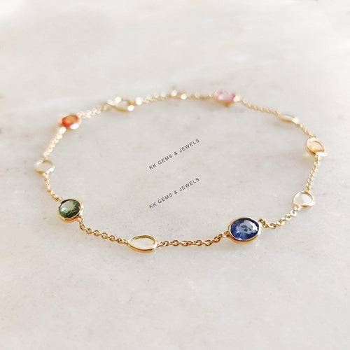 14K Solid Gold Natural Multi Sapphire & Diamond Polki Bracelet - September Birthstone