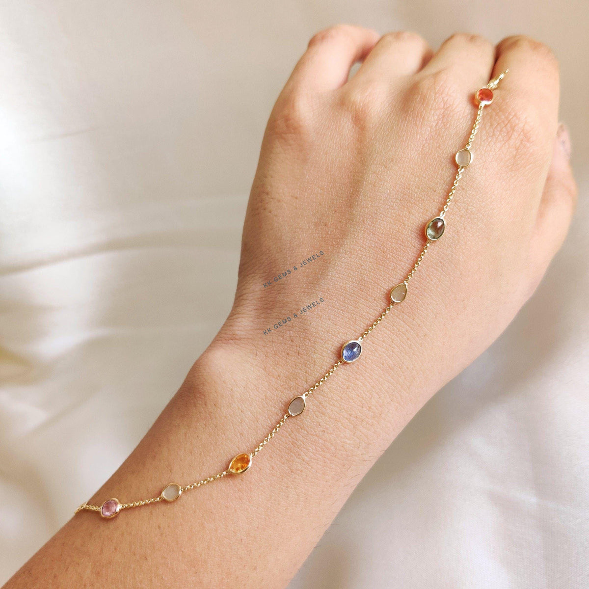 14K Solid Gold Natural Multi Sapphire & Diamond Polki Bracelet - September Birthstone