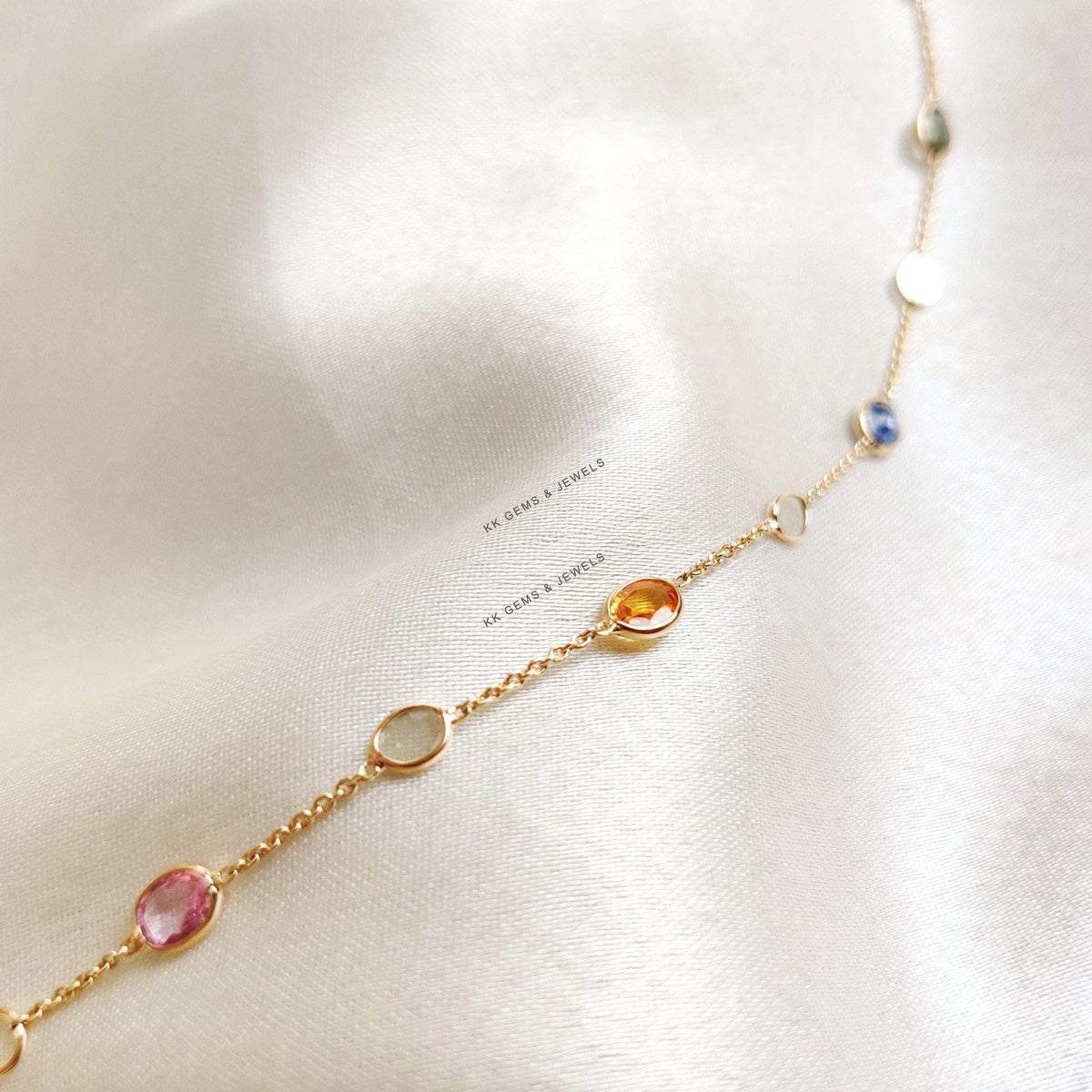 14K Solid Gold Natural Multi Sapphire & Diamond Polki Bracelet - September Birthstone