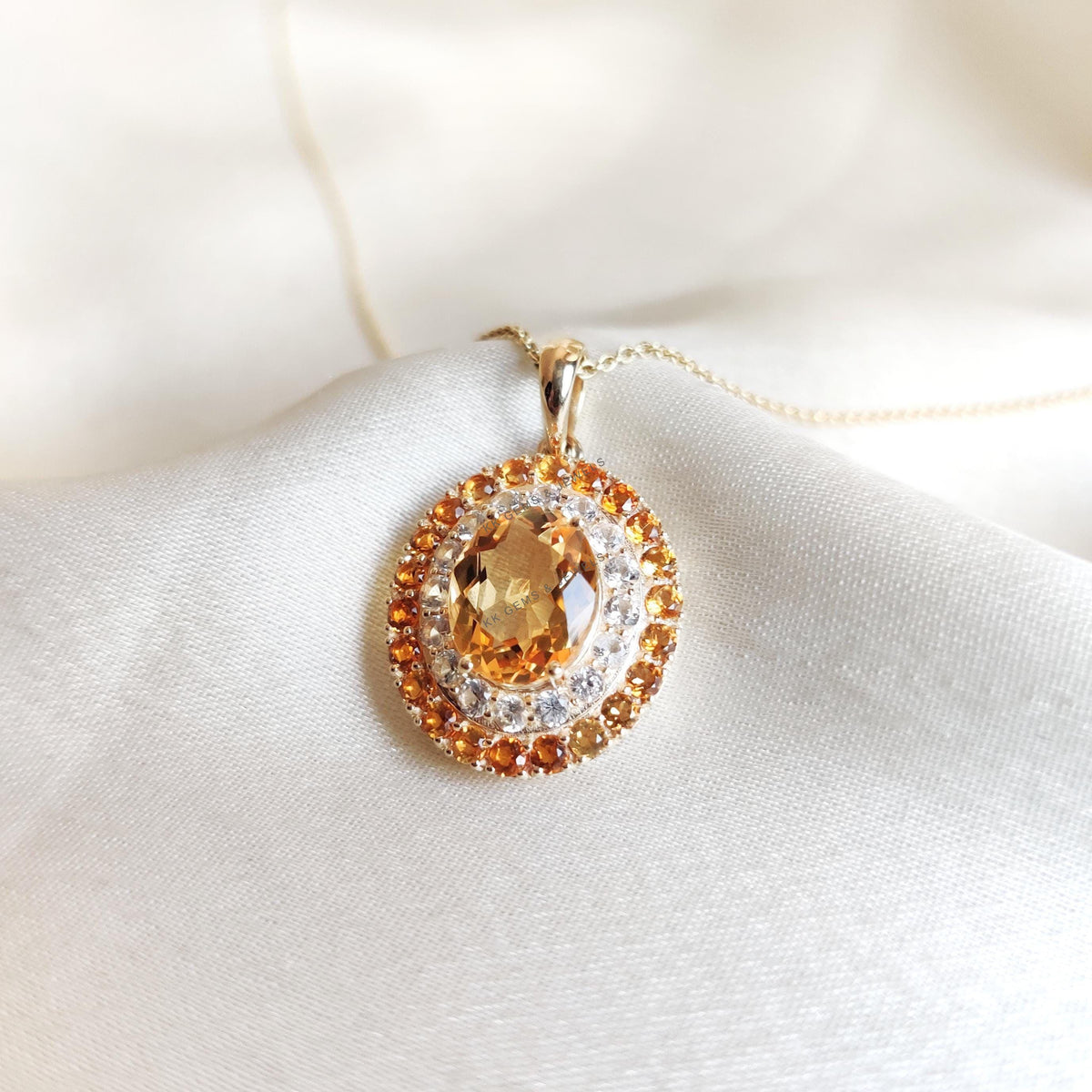 Natural Citrine & White Sapphire 14K Solid Yellow Gold Pendant, Nov Birthstone,