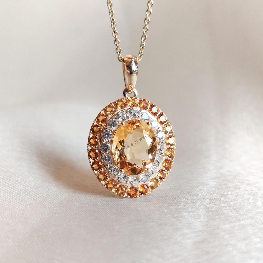 Natural Citrine & White Sapphire 14K Solid Yellow Gold Pendant, Nov Birthstone,