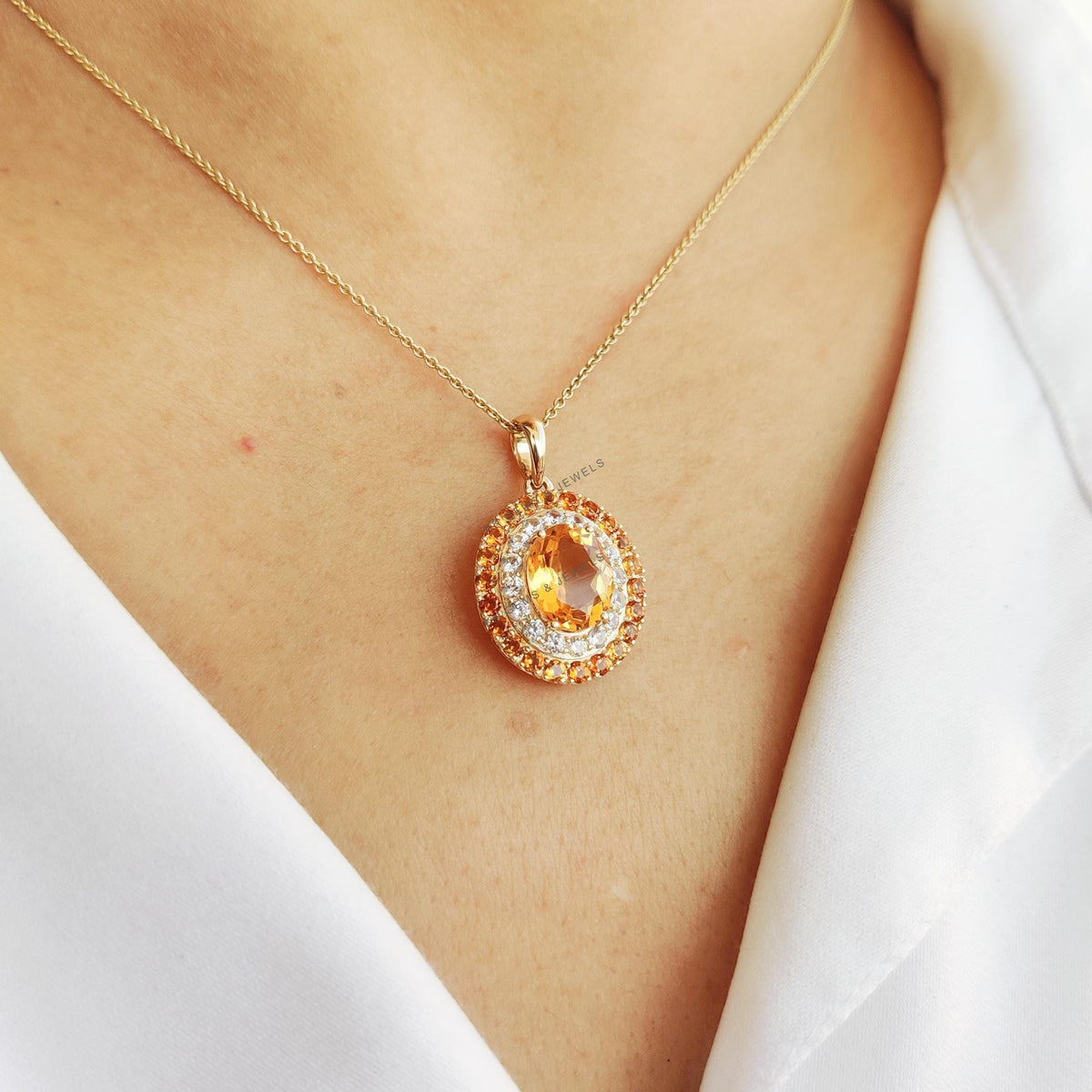 Natural Citrine & White Sapphire 14K Solid Yellow Gold Pendant, Nov Birthstone,