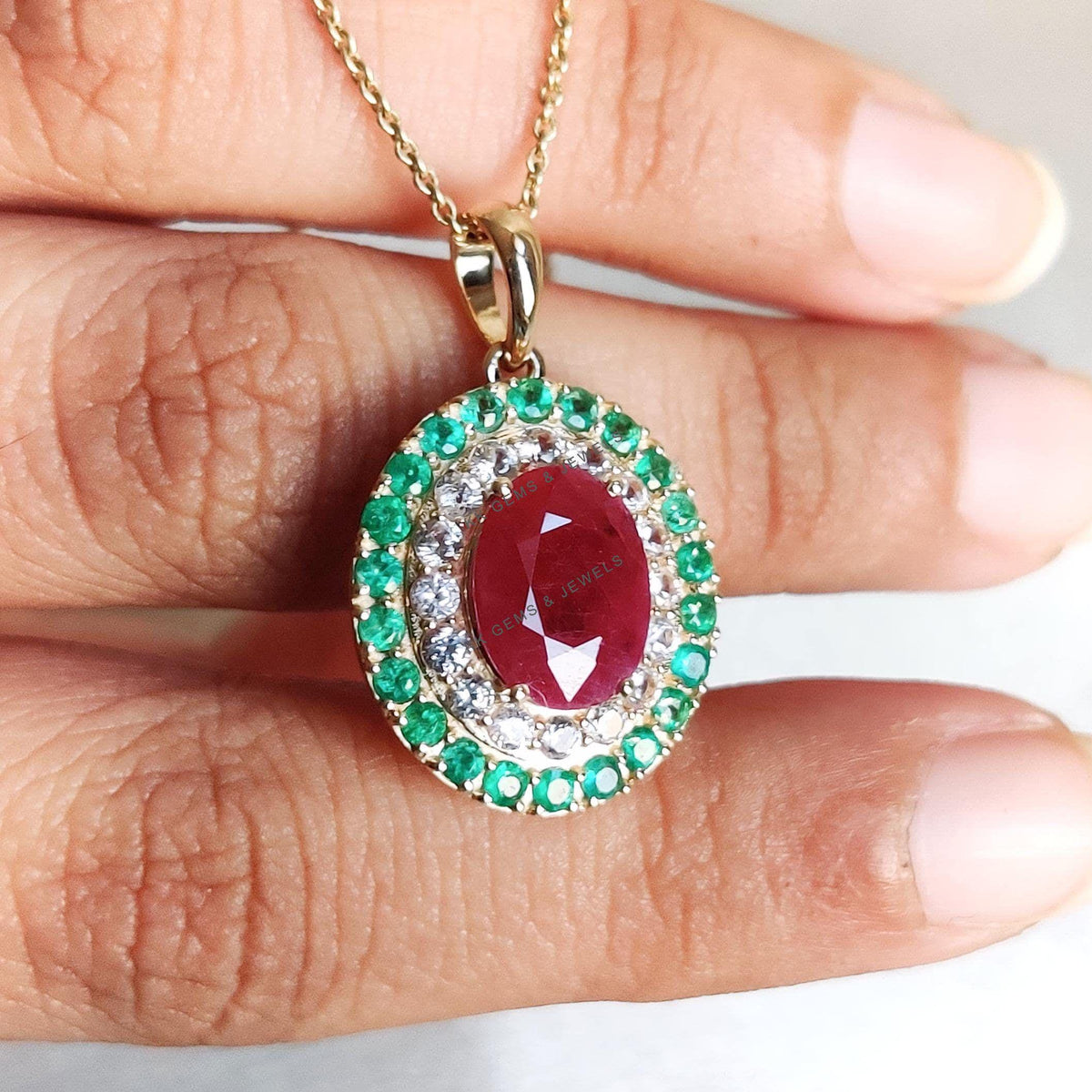 Natural Ruby & Emerald and White Sapphire Pendant, 14K Solid Yellow Gold Pendant, July May Birthstone