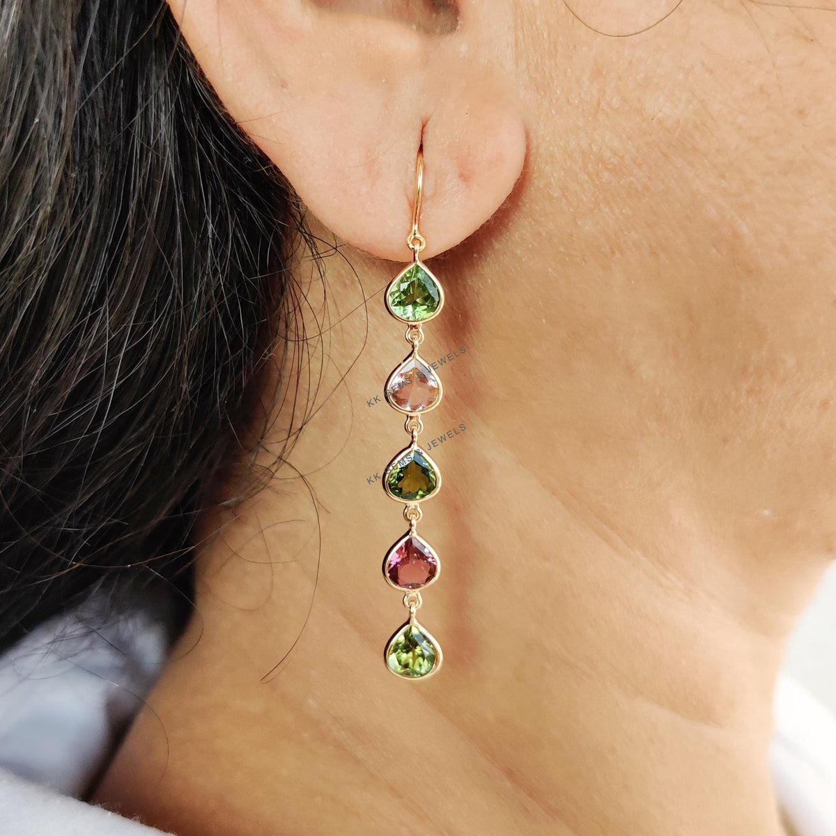 Natural Multi Tourmaline 18K Solid Yellow Gold Earrings, October Birthstone