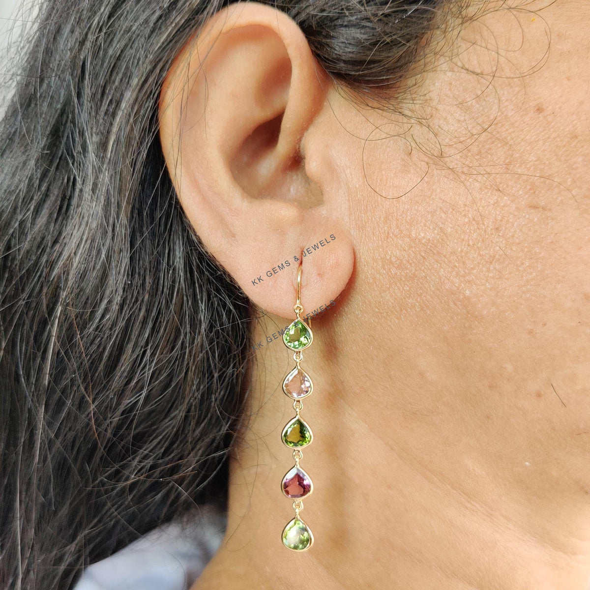 Natural Multi Tourmaline 18K Solid Yellow Gold Earrings, October Birthstone