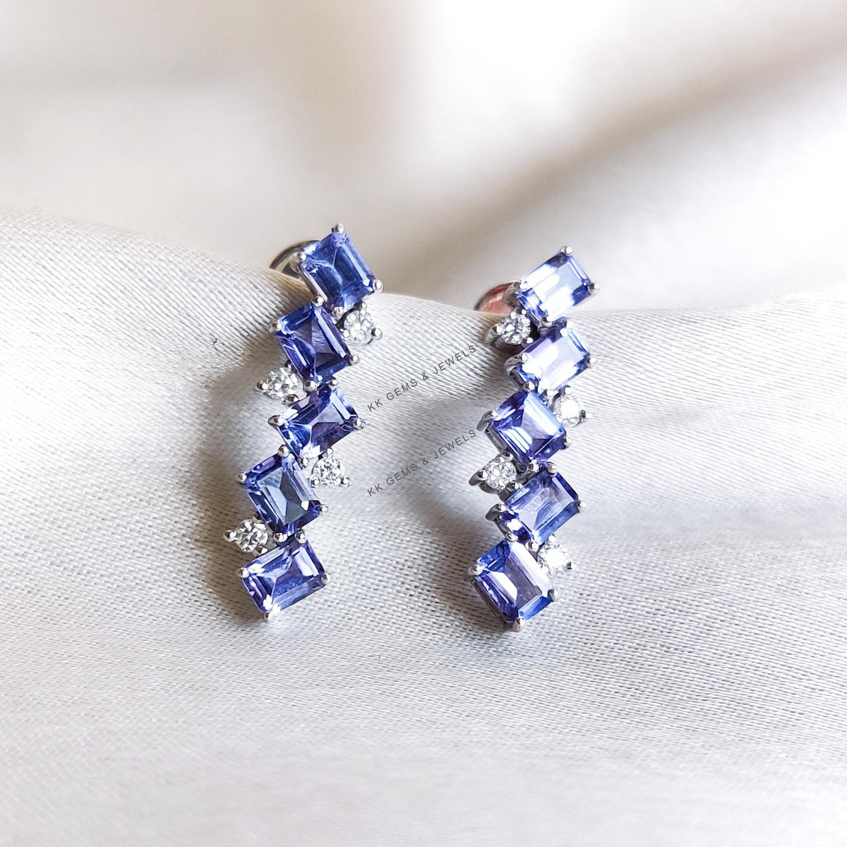 Natural Tanzanite & Diamond 14K Solid White Gold Earrings, December April Birthstone, Christmas Present,