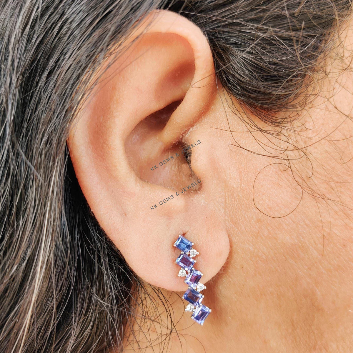 Natural Tanzanite & Diamond 14K Solid White Gold Earrings, December April Birthstone, Christmas Present,