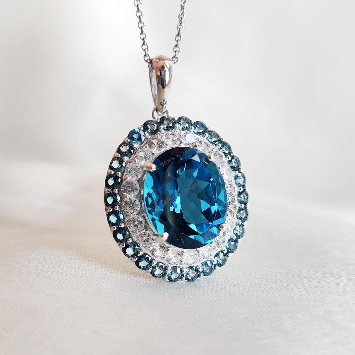 Natural London Blue Topaz & White Sapphire Pendant, 14K Solid White Gold