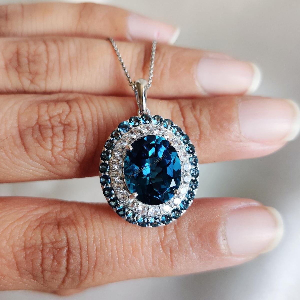 Natural London Blue Topaz & White Sapphire Pendant, 14K Solid White Gold