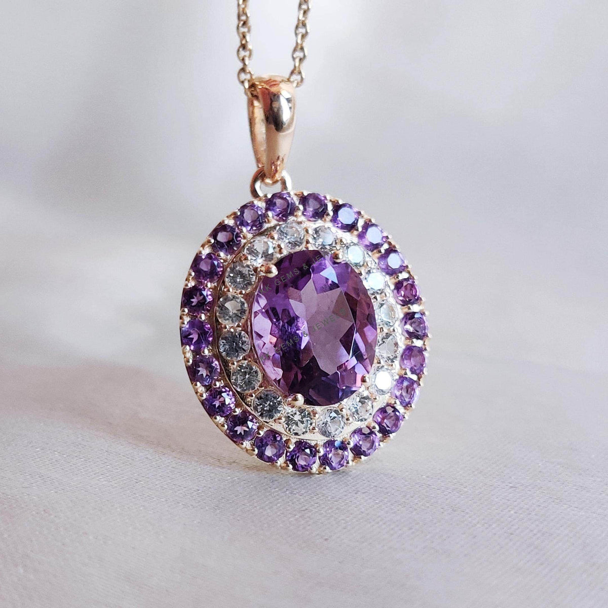 Natural Purple Amethyst & White Sapphire Pendant, 14K Solid Yellow Gold Pendant, Feb Birthstone,