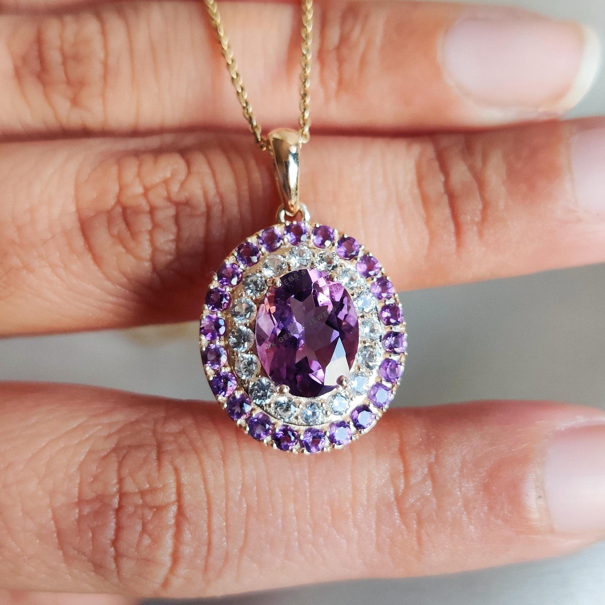 Natural Purple Amethyst & White Sapphire Pendant, 14K Solid Yellow Gold Pendant, Feb Birthstone,