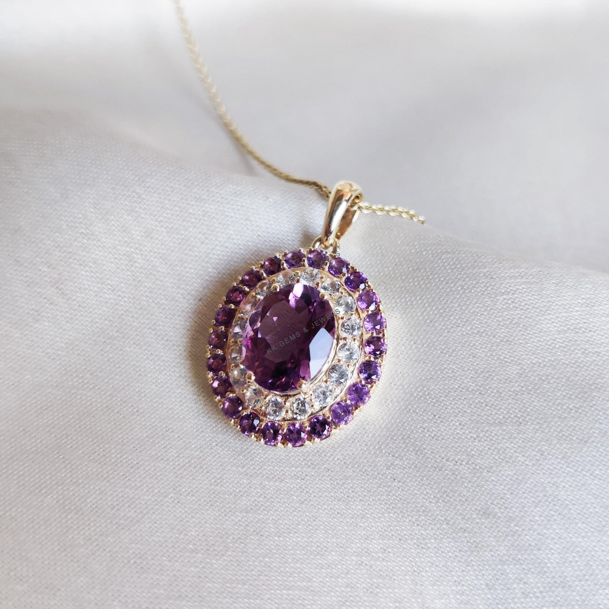 Natural Purple Amethyst & White Sapphire Pendant, 14K Solid Yellow Gold Pendant, Feb Birthstone,
