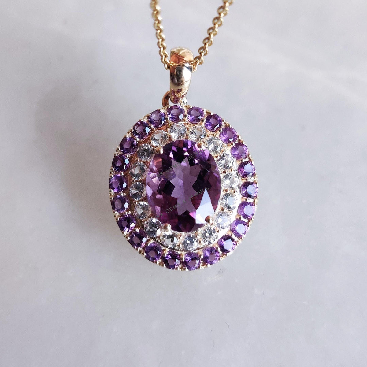 Natural Purple Amethyst & White Sapphire Pendant, 14K Solid Yellow Gold Pendant, Feb Birthstone,