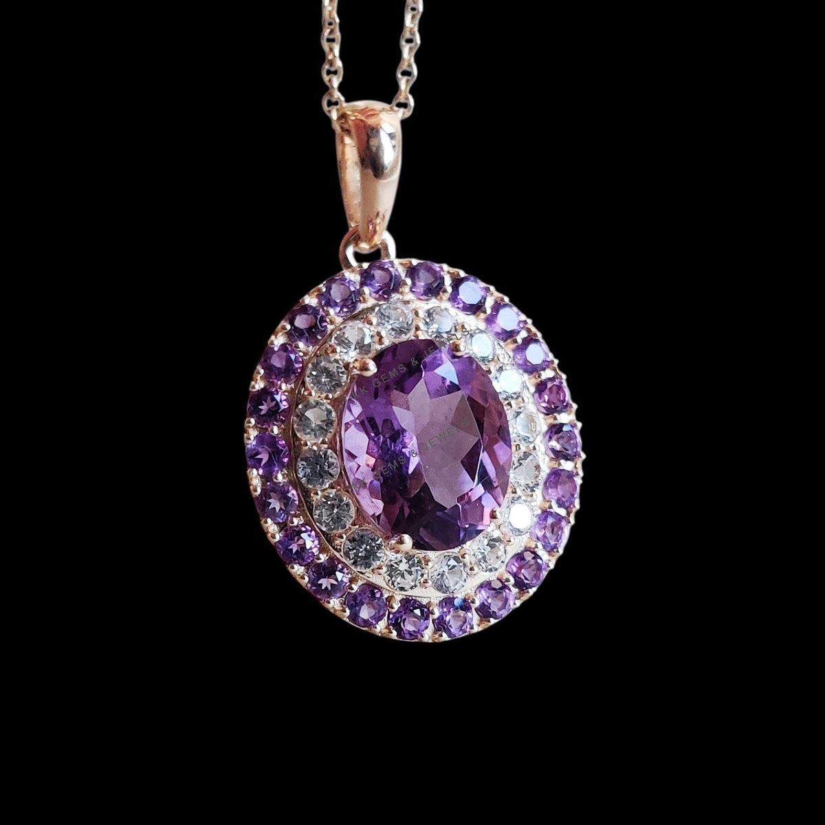 Natural Purple Amethyst & White Sapphire Pendant, 14K Solid Yellow Gold Pendant, Feb Birthstone,