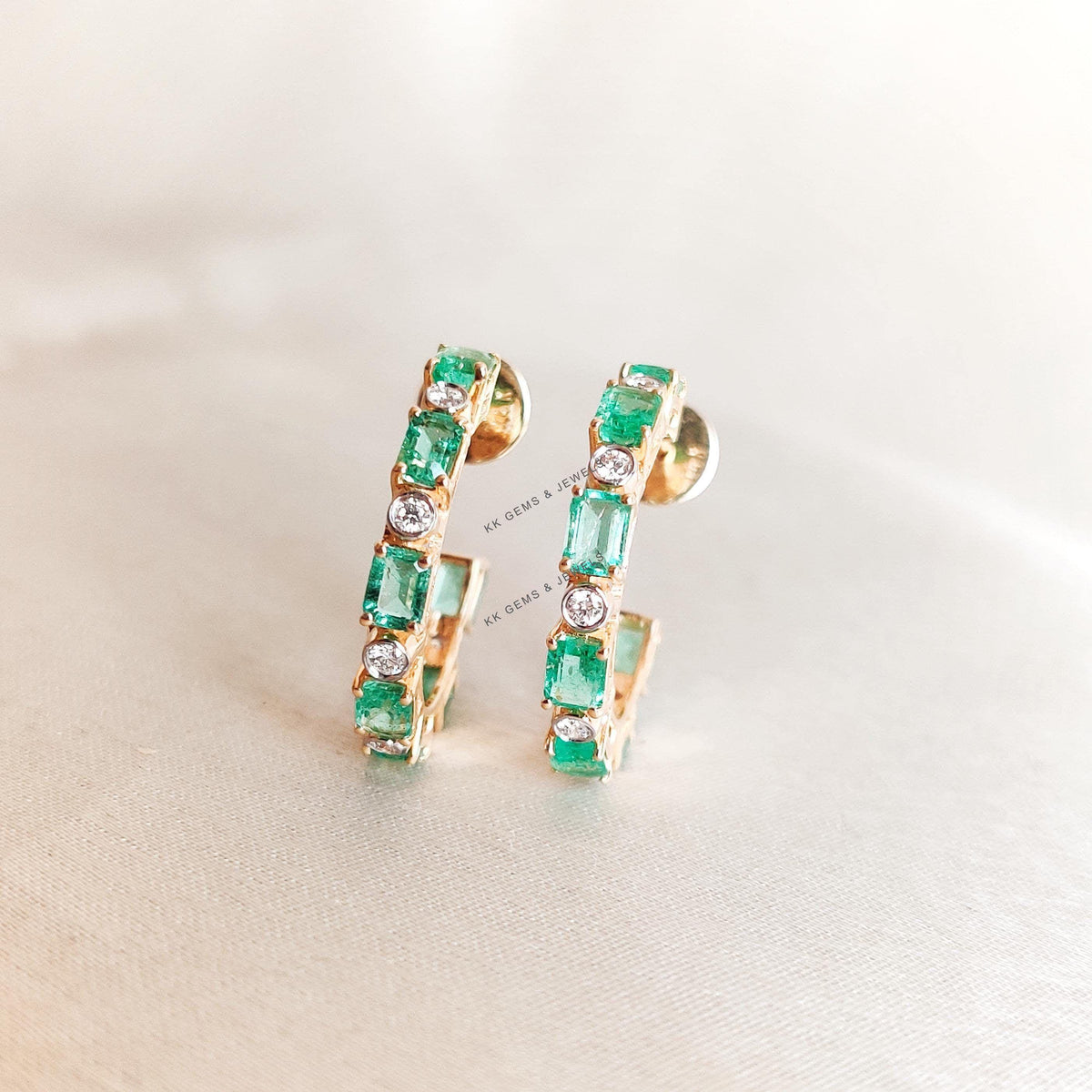 Natural Emerald & Diamond Earrings, 14K Solid Yellow Gold Hoops, May April Birthstone