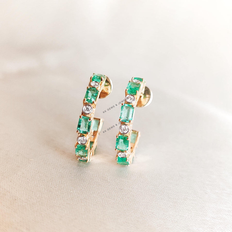 Natural Emerald & Diamond Earrings, 14K Solid Yellow Gold Hoops, May April Birthstone