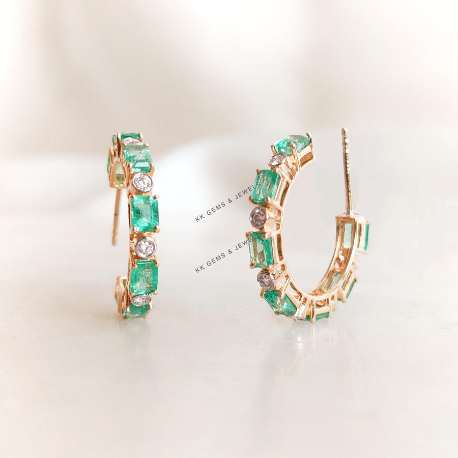 Natural Emerald & Diamond Earrings, 14K Solid Yellow Gold Hoops, May April Birthstone