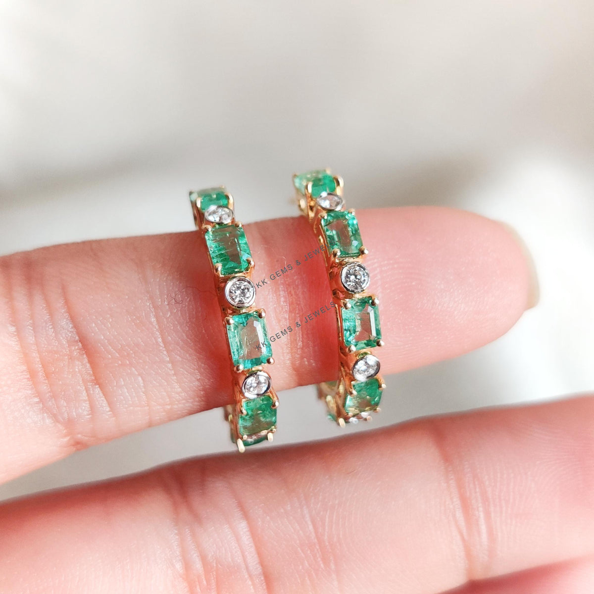 Natural Emerald & Diamond Earrings, 14K Solid Yellow Gold Hoops, May April Birthstone