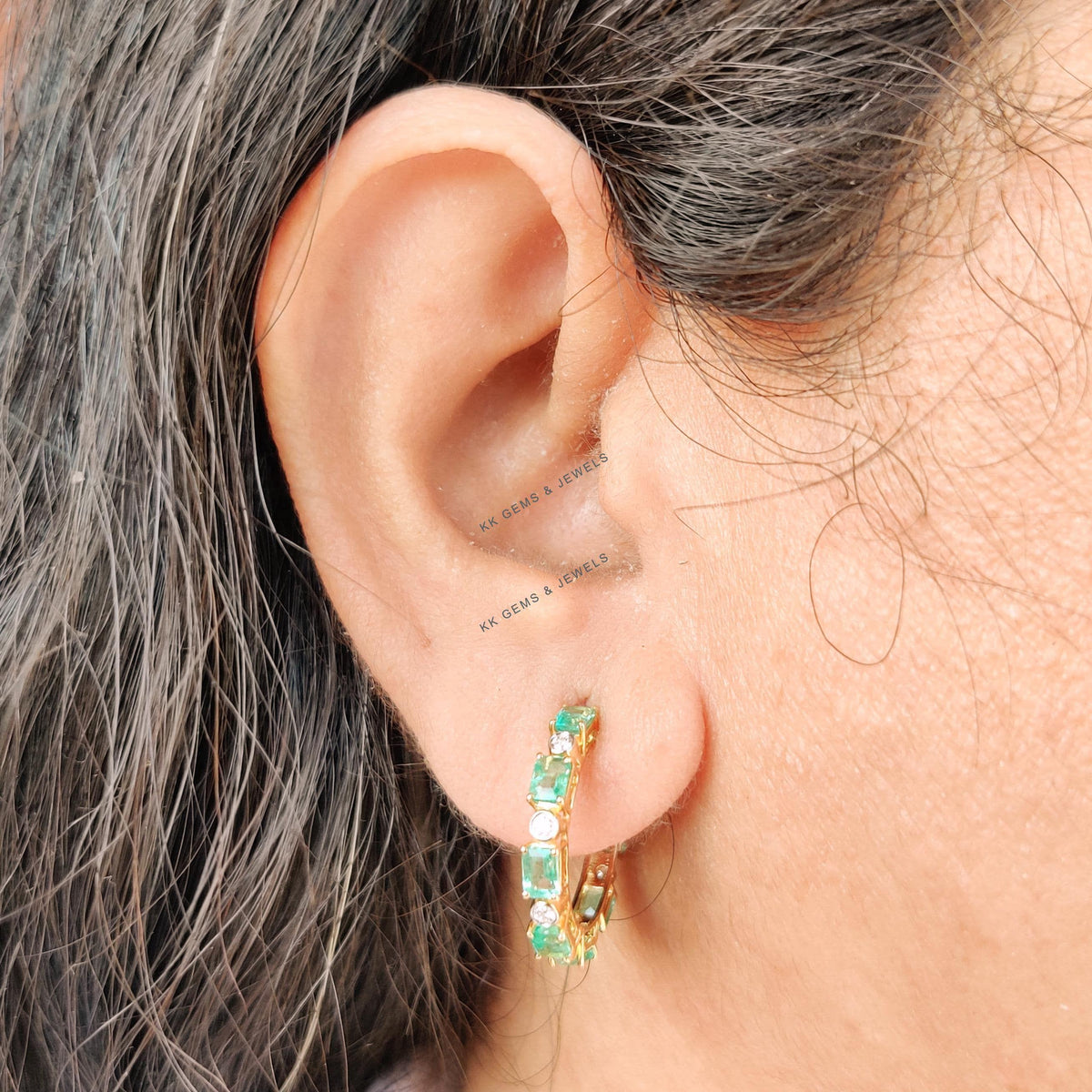 Natural Emerald & Diamond Earrings, 14K Solid Yellow Gold Hoops, May April Birthstone